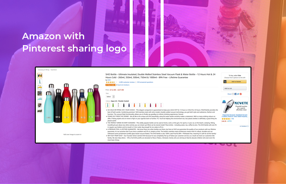 Screenshot of Amazon with Pinterest sharing logo