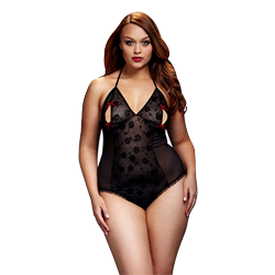 Black Lace Bodysuit & Bra Slits Red Bow Queen Size Baci Lingerie BW3112