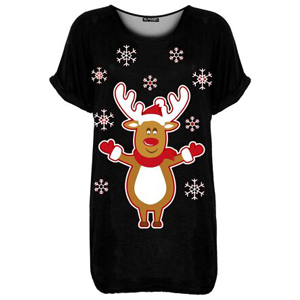 Womens Ladies Batwing Xmas Rudolph Snow Falling Christmas Oversize Baggy T Shirt